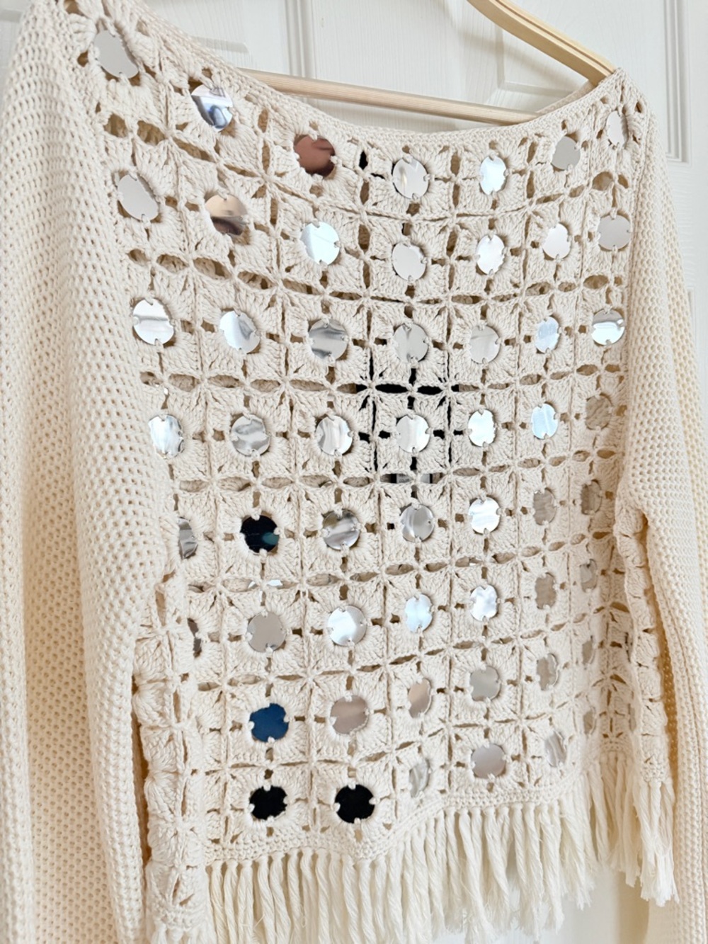 🌞 Toccin Camilla Mirrored Crochet Fringe Sweater Top Cream Off-White Large L - Picture 4 of 14